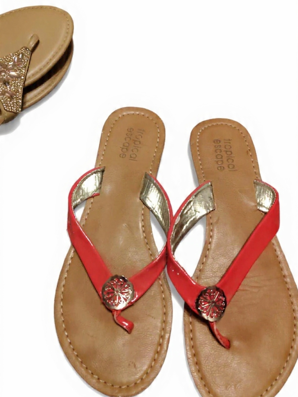 Tropical Escape Pink and Gold Leatherette Thong Sandals